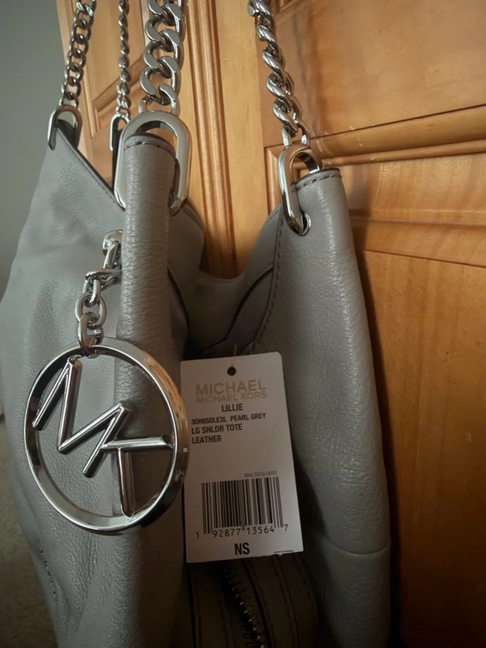 Michael Kors Slate Gray Pebbled Leather Shoulder Tote with Chain Straps - Picture 3 of 5